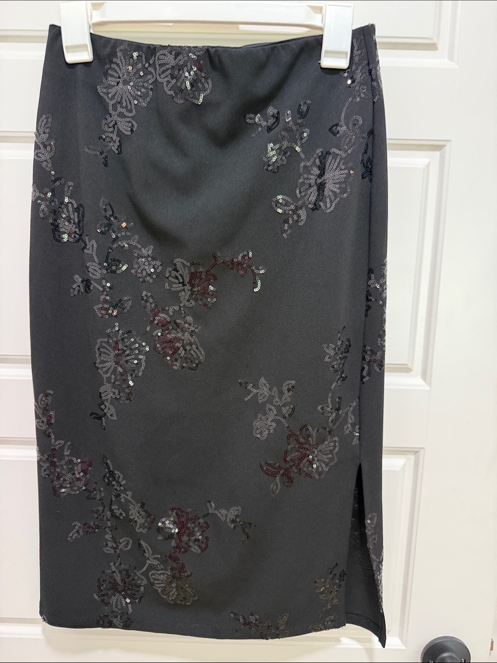 Black Sequin Floral Pencil Skirt with Side Slit - Picture 1 of 5
